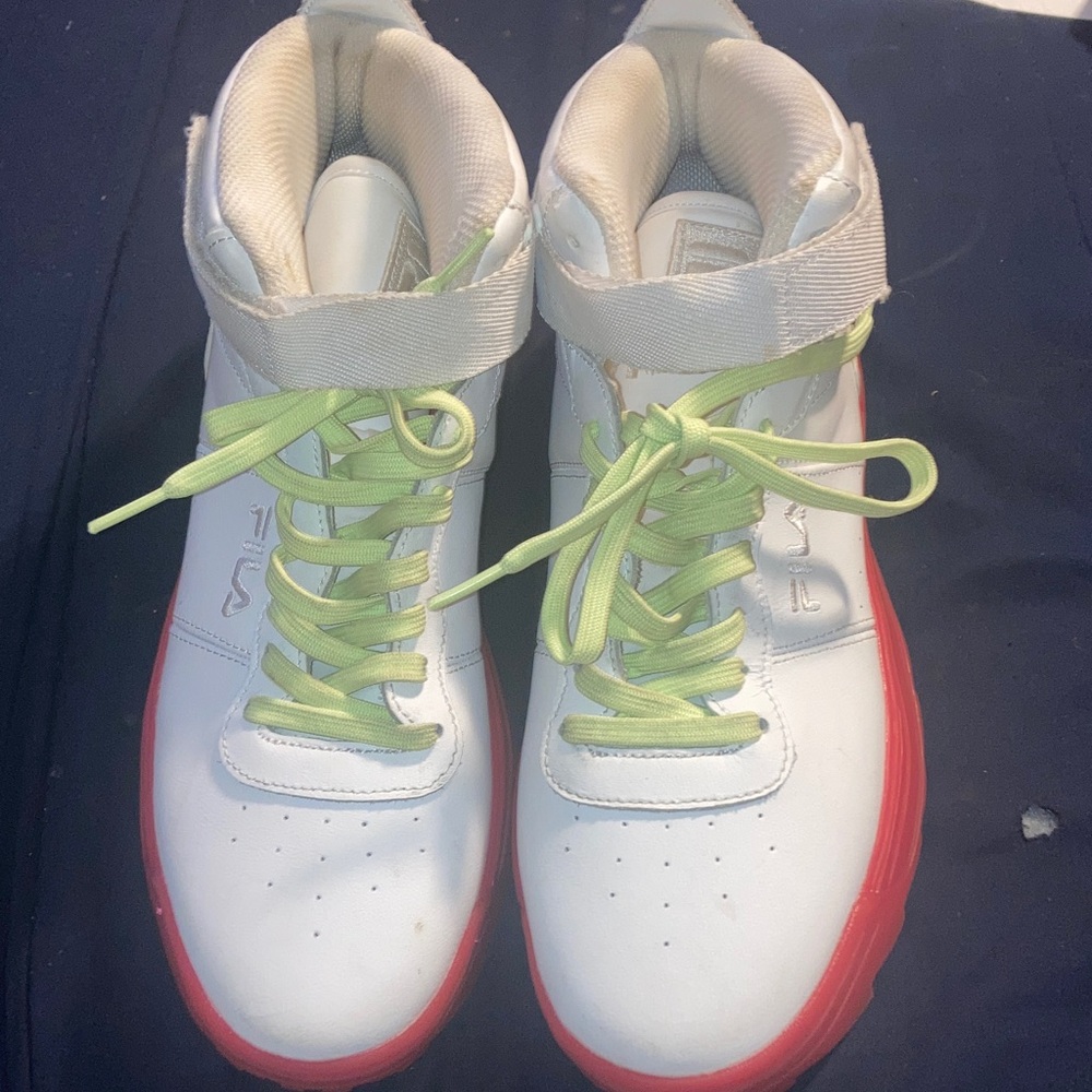 Fila White Sneakers with Pink Soles and Green Laces